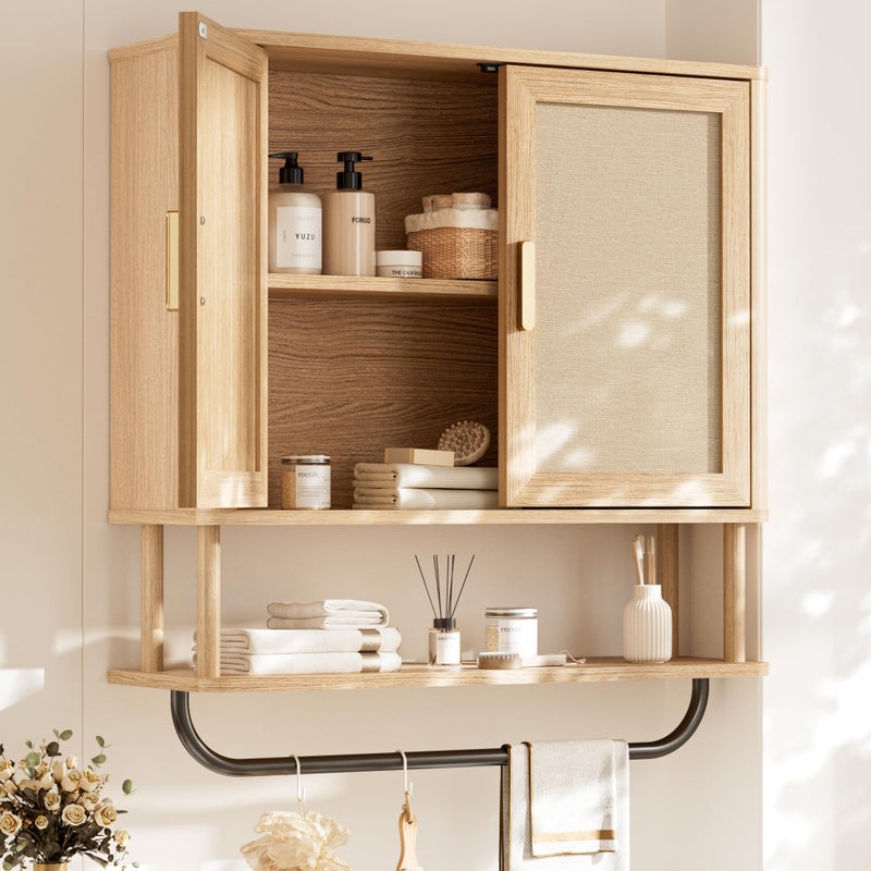 INNOD Rattan Bathroom Wall Cabinet with Towel Bar, Wall-Mounted Medicine Cabinet with Adjustable Wood Shelf & Doors, Over The Toilet Storage Cabinet for Laundry Room & Kitchen & Living Room - Image 1