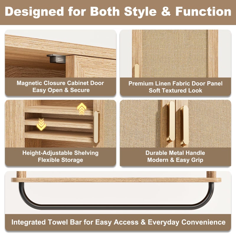 INNOD Rattan Bathroom Wall Cabinet with Towel Bar, Wall-Mounted Medicine Cabinet with Adjustable Wood Shelf & Doors, Over The Toilet Storage Cabinet for Laundry Room & Kitchen & Living Room - Image 3