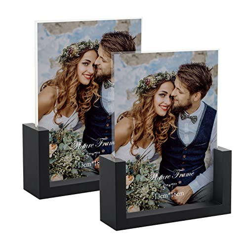 PETAFLOP 5x7 Picture Frame Set of 2, Black Rustic Wooden Photo Frames 5 by 7 Inch with HD Glass, U Shaped Double Sided Menu Holder Sign Card Stand for Tabletop Display - Image 1
