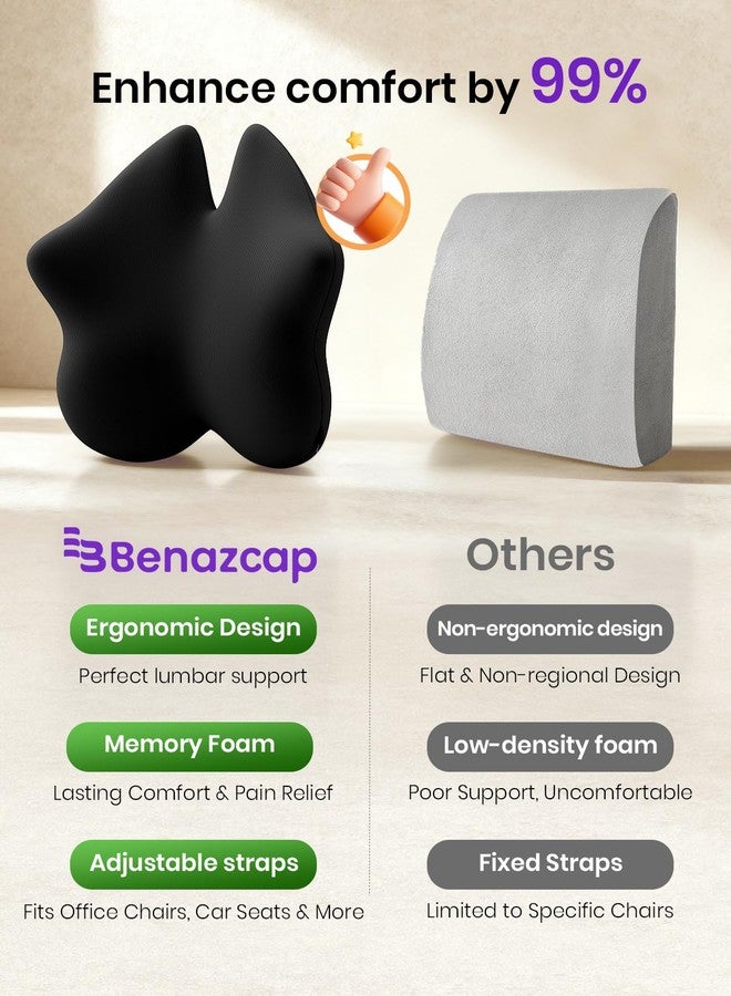 Benazcap Lumbar Pillow, Back Support for Office Chair, Car Seat, Sofa, Travel, Ergonomic Multi-Region Memory Foam & Adjustable Straps, Lower Back Pain Relief and Improved Posture Effectively, Black - Image 3