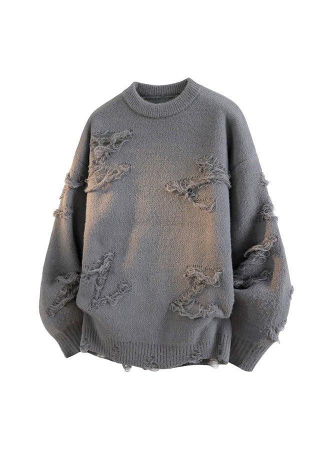 Izexx Men's Crew Neck Knitted Sweater Autumn Winter Casual Loose Thick Base Shirt Znh27 Gray 2XL - Image 1