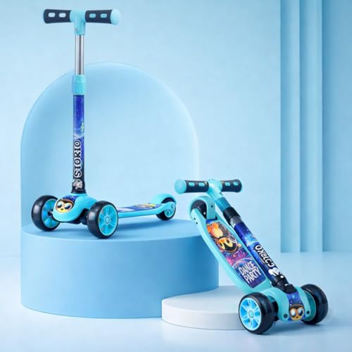 Storio Foldable Kick Scooter for Kids, 3-Wheel Design, Adjustable Handle, Wide Deck with PVC Wheels, Lightweight Portable, Indoor Outdoor Use, for Boys and Girls 3+ Years, Sky Blue - Image 1
