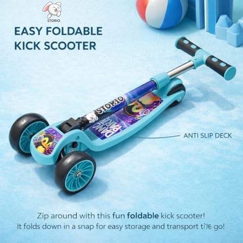 Storio Foldable Kick Scooter for Kids, 3-Wheel Design, Adjustable Handle, Wide Deck with PVC Wheels, Lightweight Portable, Indoor Outdoor Use, for Boys and Girls 3+ Years, Sky Blue - Image 2