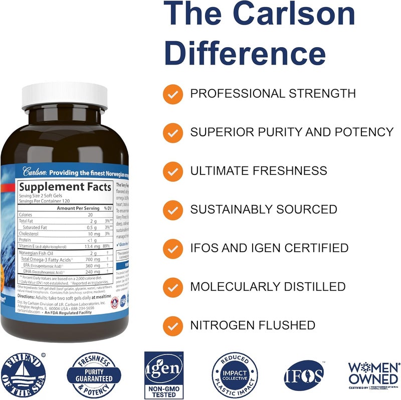Carlson  The Very Finest Fish Oil 700 mg Omega3s Norwegian WildCaught Fish Oil Sustainably Sourced Fish Oil Capsules Orange 240 Softgels - Image 2