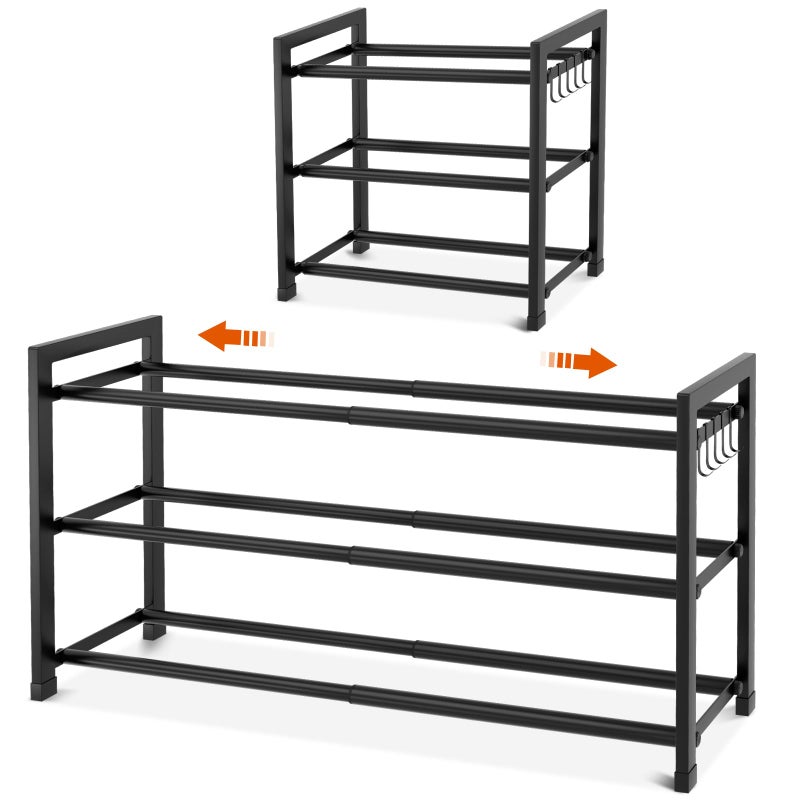 BrFoYu Expandable Shoe Rack for Closet Adjustable Metal Shoe Rack for Entryway 18.5"-33" Free Standing Shoe Organizer 12 Pairs with Hooks 3-Tier Small Shoe Shelf for Bedroom Garage Dorm Floor, Black - Image 1