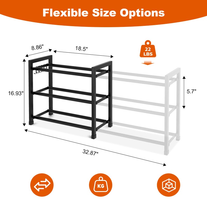 BrFoYu Expandable Shoe Rack for Closet Adjustable Metal Shoe Rack for Entryway 18.5"-33" Free Standing Shoe Organizer 12 Pairs with Hooks 3-Tier Small Shoe Shelf for Bedroom Garage Dorm Floor, Black - Image 3