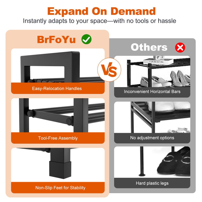 BrFoYu Expandable Shoe Rack for Closet Adjustable Metal Shoe Rack for Entryway 18.5"-33" Free Standing Shoe Organizer 12 Pairs with Hooks 3-Tier Small Shoe Shelf for Bedroom Garage Dorm Floor, Black - Image 4
