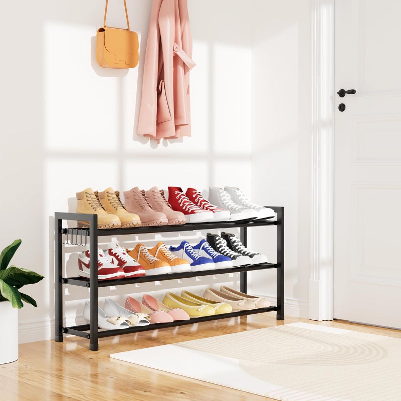BrFoYu Expandable Shoe Rack for Closet Adjustable Metal Shoe Rack for Entryway 18.5"-33" Free Standing Shoe Organizer 12 Pairs with Hooks 3-Tier Small Shoe Shelf for Bedroom Garage Dorm Floor, Black - Image 2