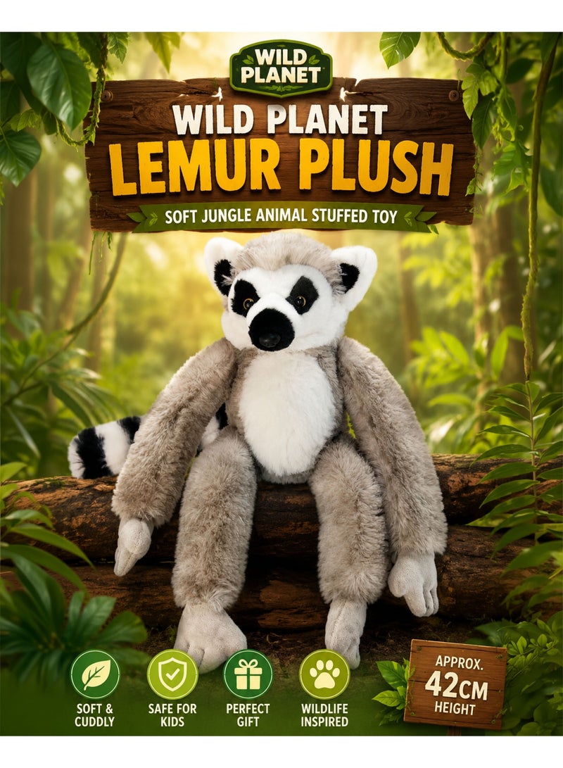 Wild Planet Lemur Plush Toy 42cm Soft Stuffed Animal Cute Jungle Primate Plush Doll Realistic Ring Tailed Lemur Teddy Hugging Pillow Cuddly Wildlife Plush Gift Toy for Boys Girls Kids Toddlers Bedroom Décor Educational Jungle Animal Companion - Image 1