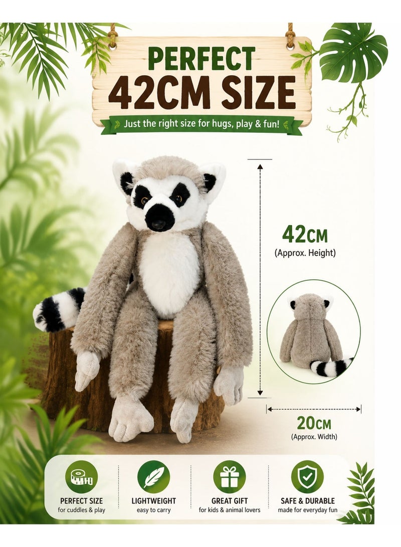 Wild Planet Lemur Plush Toy 42cm Soft Stuffed Animal Cute Jungle Primate Plush Doll Realistic Ring Tailed Lemur Teddy Hugging Pillow Cuddly Wildlife Plush Gift Toy for Boys Girls Kids Toddlers Bedroom Décor Educational Jungle Animal Companion - Image 3