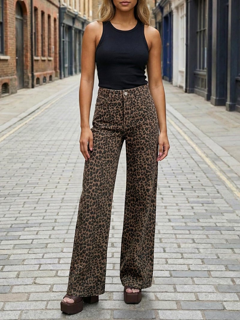Cicy Bell Womens Wide Leg Jeans High Waisted Leopard Baggy Stretchy Denim Pants with Pockets - Image 5