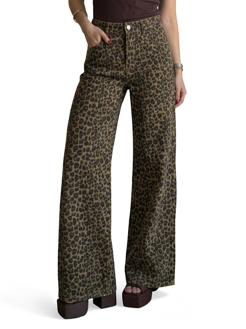 Cicy Bell Womens Wide Leg Jeans High Waisted Leopard Baggy Stretchy Denim Pants with Pockets - Image 1