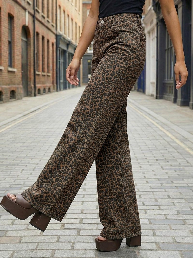 Cicy Bell Womens Wide Leg Jeans High Waisted Leopard Baggy Stretchy Denim Pants with Pockets - Image 3