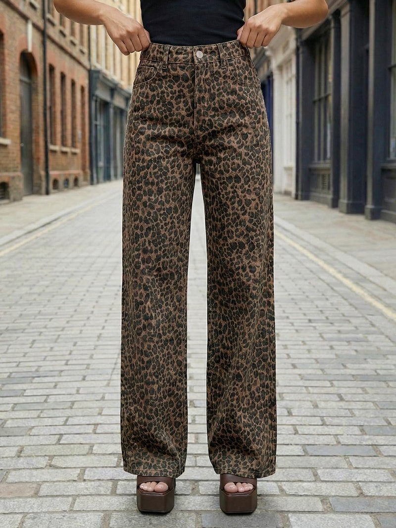 Cicy Bell Womens Wide Leg Jeans High Waisted Leopard Baggy Stretchy Denim Pants with Pockets - Image 2