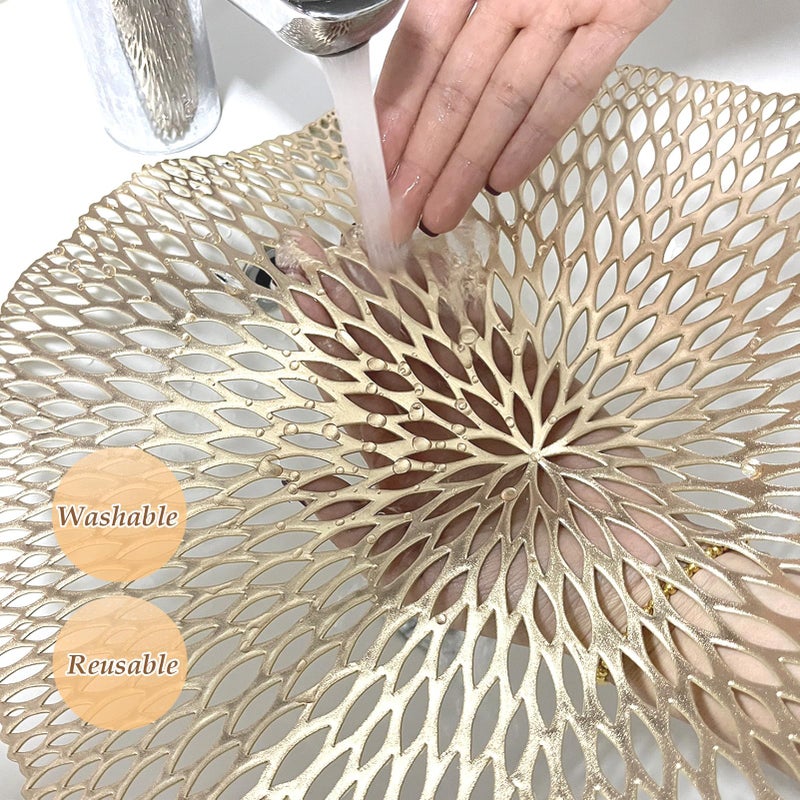 Mabbcoo Placemats Set of 6  Round Placemats Gold 15 Inch Washable Vinyl Place Mats Dining Table Mats for Anniversary Wedding Party Kitchen Decorations - Image 5