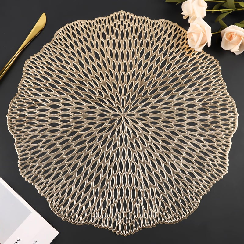 Mabbcoo Placemats Set of 6  Round Placemats Gold 15 Inch Washable Vinyl Place Mats Dining Table Mats for Anniversary Wedding Party Kitchen Decorations - Image 1