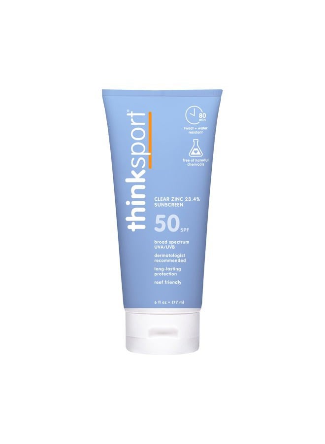 Thinksport SPF 50+ Mineral Sunscreen with Clear Zinc Oxide, 6 Fl Oz – Safe, Natural, Water Resistant, Broad Spectrum UVA/UVB Sun Screen for Sun Protection – Vegan, Reef Safe Sunscreen - Image 1