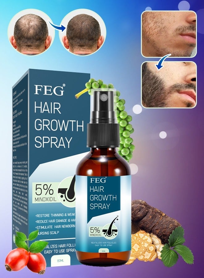 FEG 60ml Hair Growth Spray 5% Minoxidil Hair Growth Oil Spray for Dry Damaged Hair and Growth Hair Scalp Oil Pure and Natural Hair Growth Serum Spray Hair Loss Treatment Oil Beard Growth Spray - Image 1