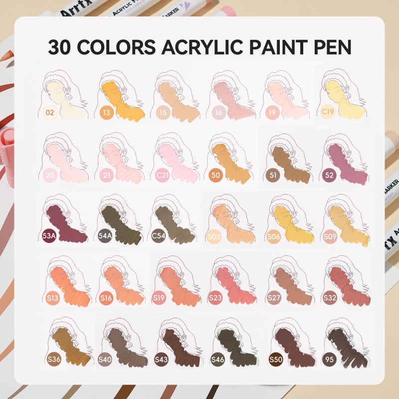Arrtx 30 Colors Skin Color Acrylic Paint Pens, Skin Tone Paint Markers Paint Pens for Artists Adults Coloring Drawing Brush Tip for Rock Painting, Wood, Canvas, DIY Crafts Making Art Supplies - Image 4