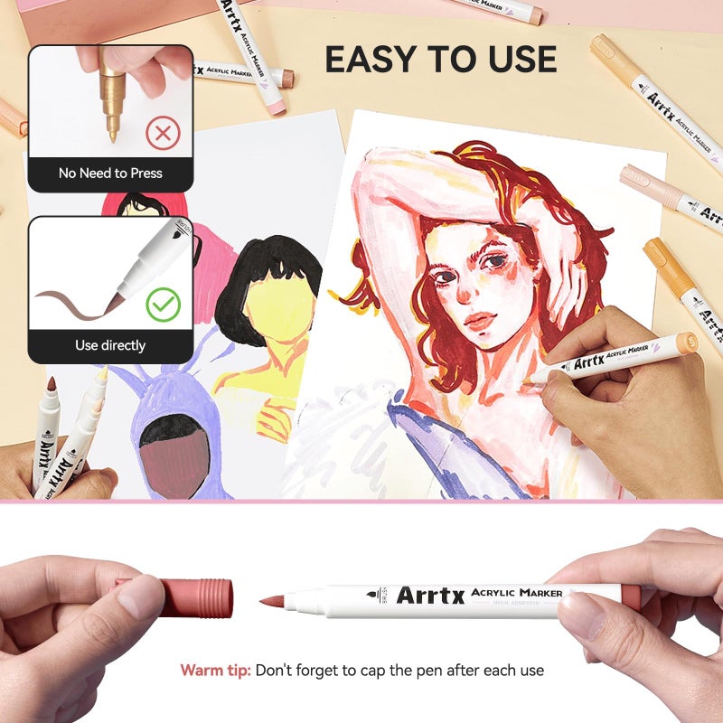 Arrtx 30 Colors Skin Color Acrylic Paint Pens, Skin Tone Paint Markers Paint Pens for Artists Adults Coloring Drawing Brush Tip for Rock Painting, Wood, Canvas, DIY Crafts Making Art Supplies - Image 2