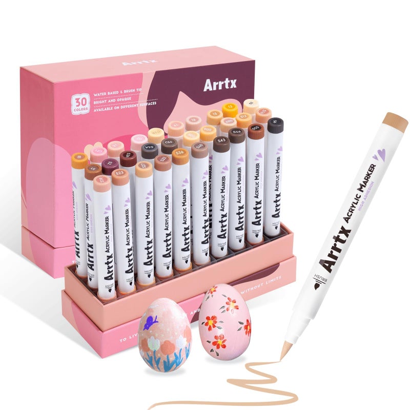 Arrtx 30 Colors Skin Color Acrylic Paint Pens, Skin Tone Paint Markers Paint Pens for Artists Adults Coloring Drawing Brush Tip for Rock Painting, Wood, Canvas, DIY Crafts Making Art Supplies - Image 1