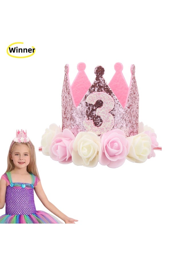 Winner A girl's third birthday crown, sparkling princess 3rd birthday headband, rose party decoration set, pink sequins, sweet 1st birthday gift for a girl, photo props. - Image 1