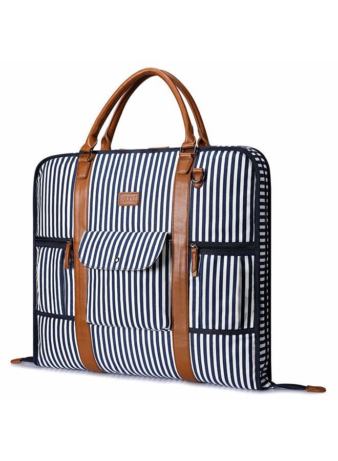 S-ZONE Carry On Garment Bag for Business Travel S-ZONE Canvas Leather Men Suit Cover, Blue Stripe, Large, Modern - Image 1