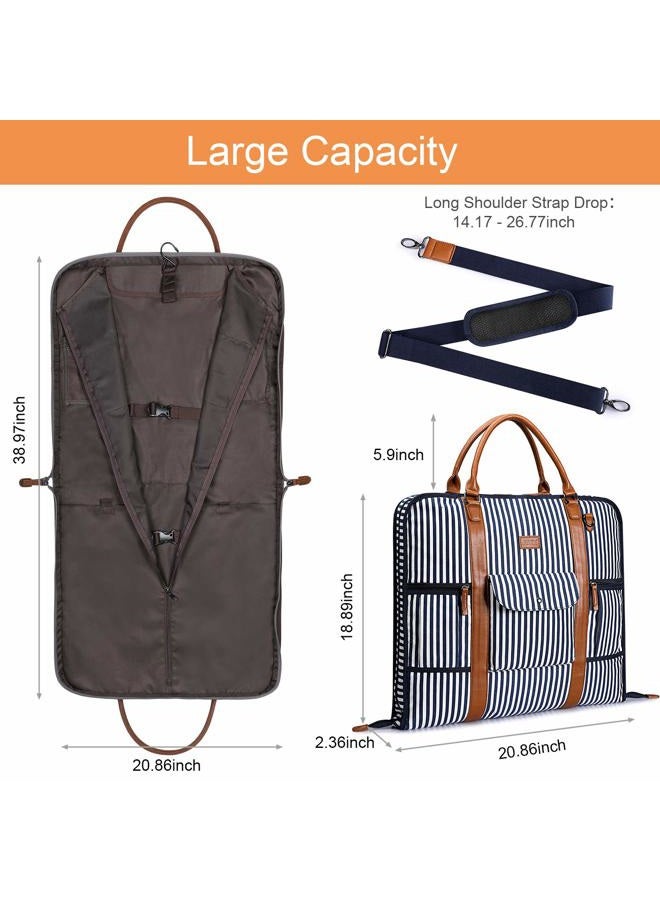 S-ZONE Carry On Garment Bag for Business Travel S-ZONE Canvas Leather Men Suit Cover, Blue Stripe, Large, Modern - Image 5