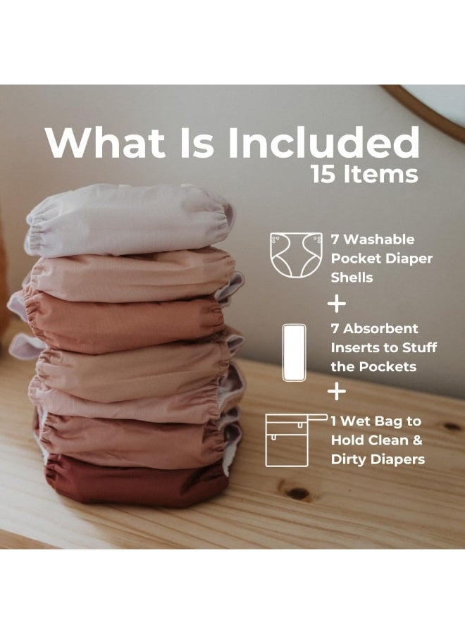 Nora's Nursery Cloth Diapers 7 Pack with 7 Bamboo Inserts & 1 Wet Bag - Waterproof Cover, Washable, Reusable & One Size Adjustable Pocket Diapers for Newborns and Toddlers - Ballet Slippers - Image 2