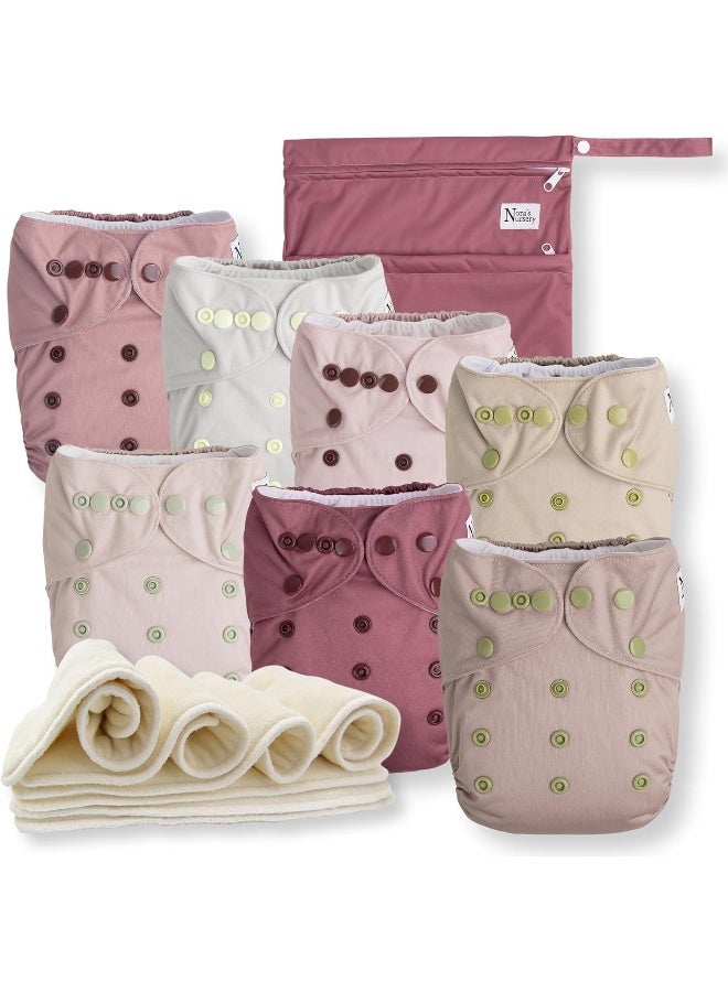 Nora's Nursery Cloth Diapers 7 Pack with 7 Bamboo Inserts & 1 Wet Bag - Waterproof Cover, Washable, Reusable & One Size Adjustable Pocket Diapers for Newborns and Toddlers - Ballet Slippers - Image 1