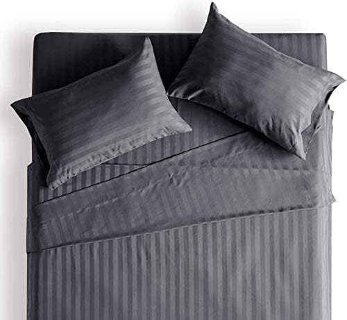 Filymore Super King Size Striped Dark Grey Bedsheet for Double/King Bed Size XXL (108 x 108 inches) with Two King Size Pillow Covers, 300 TC Microfiber Solid Satin Striped Embossed, for King Size Bed. - Image 1