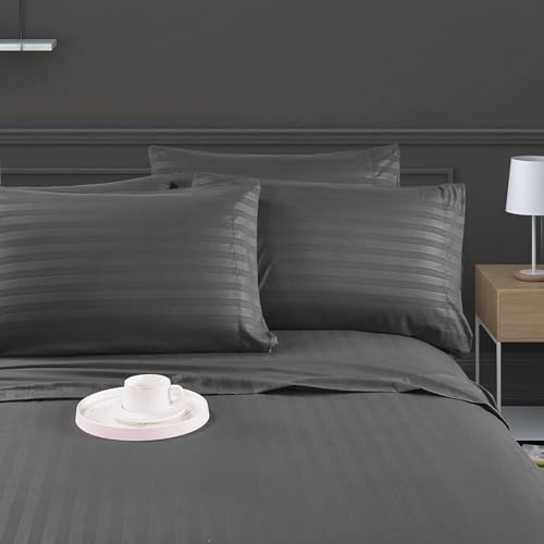 Filymore Super King Size Striped Dark Grey Bedsheet for Double/King Bed Size XXL (108 x 108 inches) with Two King Size Pillow Covers, 300 TC Microfiber Solid Satin Striped Embossed, for King Size Bed. - Image 2