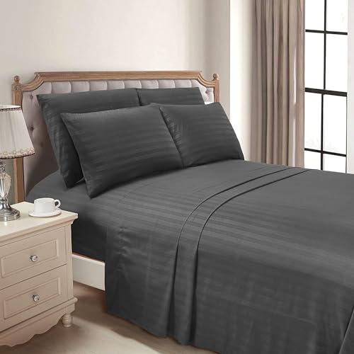 Filymore Super King Size Striped Dark Grey Bedsheet for Double/King Bed Size XXL (108 x 108 inches) with Two King Size Pillow Covers, 300 TC Microfiber Solid Satin Striped Embossed, for King Size Bed. - Image 3