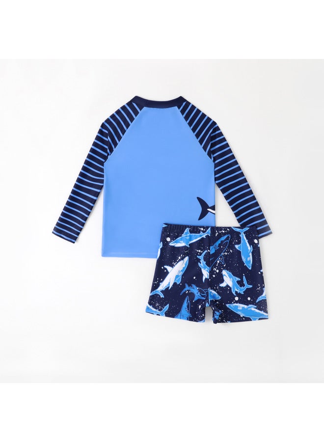 Children's swimsuits boys long-sleeved swimsuit 2024 striped shark print boys swimsuit-color: blue-6Y 100-110CM, 27-40weight  - Image 2