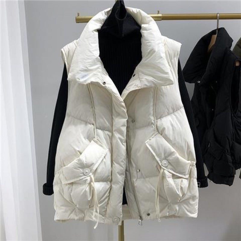 Autumn and winter new down cotton-padded jacket womens waistcoat short loose waistcoat thickened cotton-padded jacket design sense foreign style stand collar vest Off-white  - Image 1