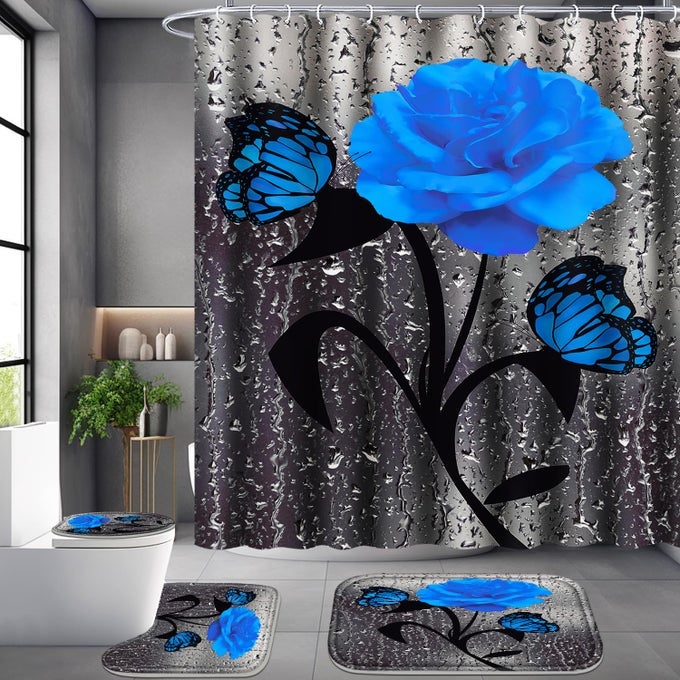 4 PCS BATHROOM SETBLUE ROSE SHOWER CURTAIN SETS FLORAL SHOWER CURTAIN SETS WITH RUGSBATH MATU SHAPE AND TOILET LID COVER MAT AND 12 HOOKS