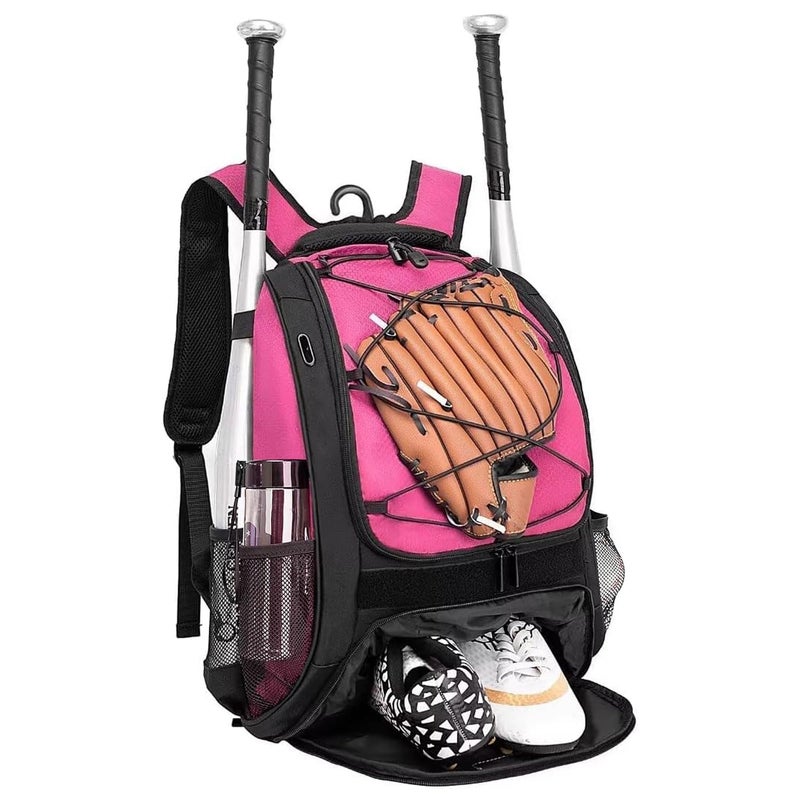 DAFISKY Baseball Bag Softball Backpack - Youth Adult T Ball Bat Equipment Bag with Bat and Helmet Holders, Shoe Compartment and Hook, Pink - Image 1