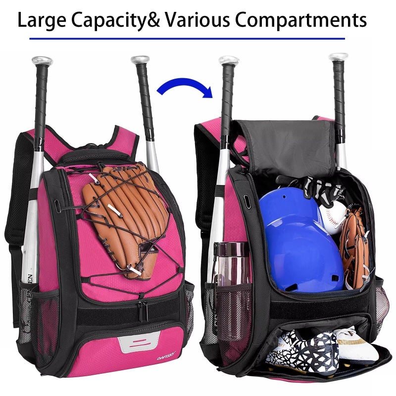 DAFISKY Baseball Bag Softball Backpack - Youth Adult T Ball Bat Equipment Bag with Bat and Helmet Holders, Shoe Compartment and Hook, Pink - Image 3