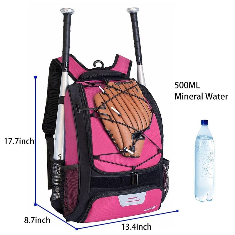 DAFISKY Baseball Bag Softball Backpack - Youth Adult T Ball Bat Equipment Bag with Bat and Helmet Holders, Shoe Compartment and Hook, Pink - Image 2