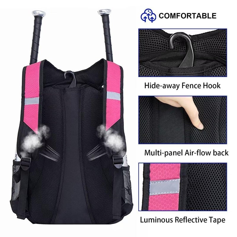 DAFISKY Baseball Bag Softball Backpack - Youth Adult T Ball Bat Equipment Bag with Bat and Helmet Holders, Shoe Compartment and Hook, Pink - Image 5