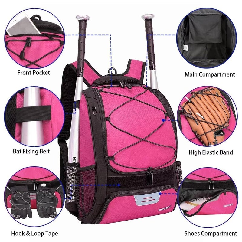DAFISKY Baseball Bag Softball Backpack - Youth Adult T Ball Bat Equipment Bag with Bat and Helmet Holders, Shoe Compartment and Hook, Pink - Image 4