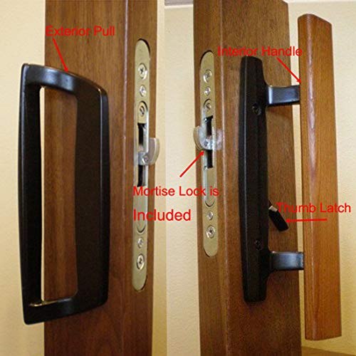 HauSun Sliding Glass Patio Door Handle Set Oak Wood Interior Handle and Exterior Pull in White Diecast Finish+Mortise Lock 45° Keyway Fits 3-15/16” Screw Hole Spacing, Non-keyed with Latch Locks - Image 5