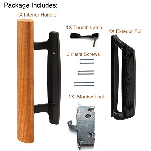 HauSun Sliding Glass Patio Door Handle Set Oak Wood Interior Handle and Exterior Pull in White Diecast Finish+Mortise Lock 45° Keyway Fits 3-15/16” Screw Hole Spacing, Non-keyed with Latch Locks - Image 4