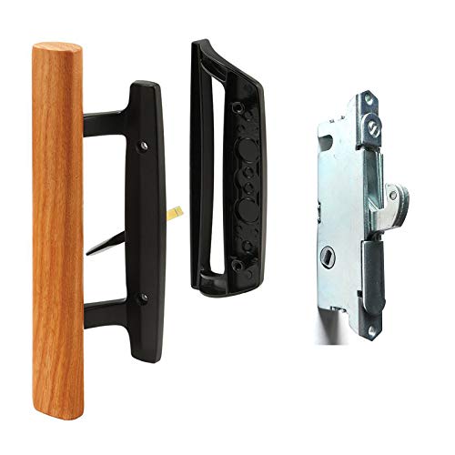 HauSun Sliding Glass Patio Door Handle Set Oak Wood Interior Handle and Exterior Pull in White Diecast Finish+Mortise Lock 45° Keyway Fits 3-15/16” Screw Hole Spacing, Non-keyed with Latch Locks - Image 1