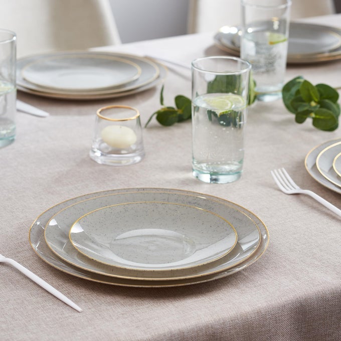 32 PACK ELEGANT DISPOSABLE PLASTIC PLATES COMBO SET INCLUDES 16 DINNER PLATES AND 16 SALAD PLATE HEAVY DUTY FANCY PARTY PLATE GREY GRANITE PLATES WITH GOLD RIM
