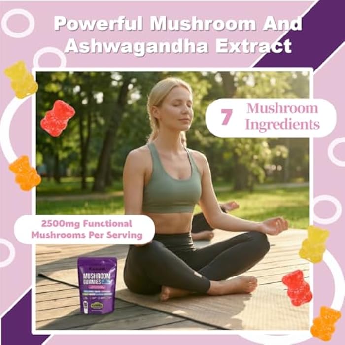 Kaachli 1000mg Ashwagandha & Mushroom Gummies, with 8-Mushroom Blend (Reishi, Lion's Mane, Cordyceps). Supports Focus, Energy and Cognitive Boost,for Adults, 160 Count. - Image 3