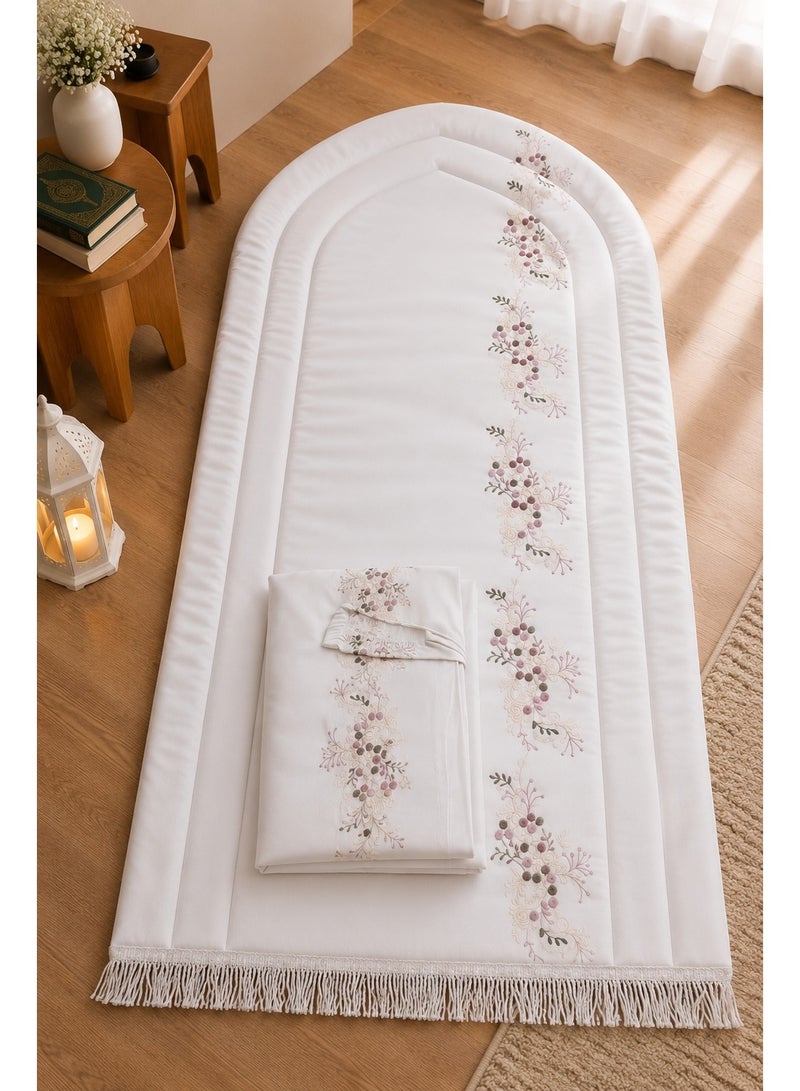 Padded prayer mat set with embroidered prayer shawl for women – Soft fabric with luxurious embroidery – Stylish and comfortable prayer set for everyday use – A special gift for special occasions, Ramadan, and Eid - Image 1