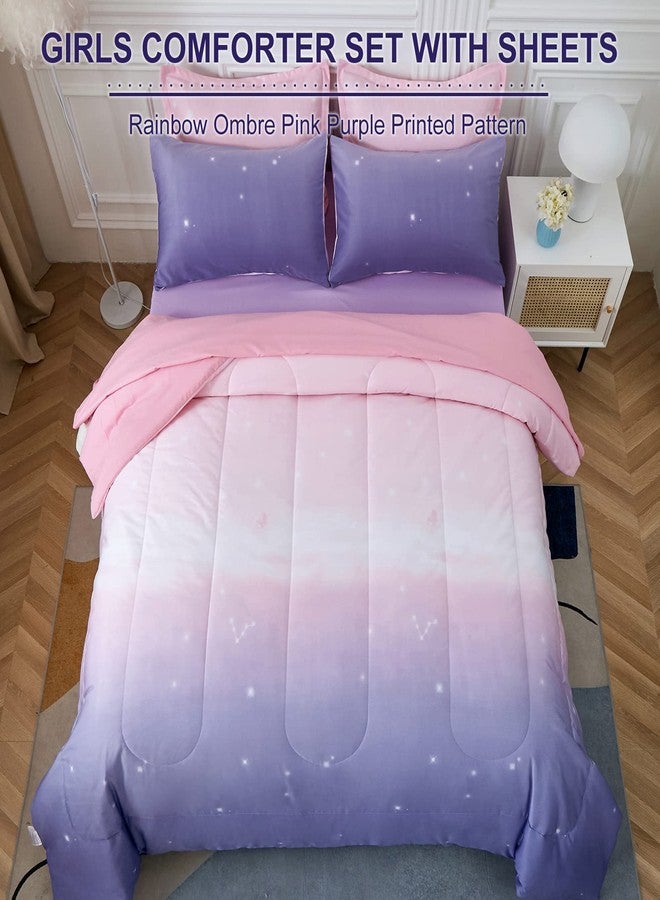 Dinjoy Girls Comforter Set Full Size Colorful Ombre Pink Purple Rainbow Bedding Set Bed in A Bag for Kid Teen Girls 7 Pieces (1 Comforter, 1 Flat Sheet, 1 Fitted Sheet, 2 Pillow Shams, 2 Pillowcases) - Image 3