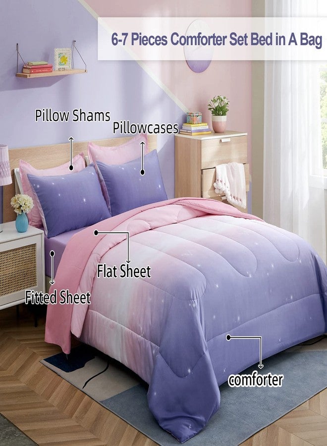 Dinjoy Girls Comforter Set Full Size Colorful Ombre Pink Purple Rainbow Bedding Set Bed in A Bag for Kid Teen Girls 7 Pieces (1 Comforter, 1 Flat Sheet, 1 Fitted Sheet, 2 Pillow Shams, 2 Pillowcases) - Image 2