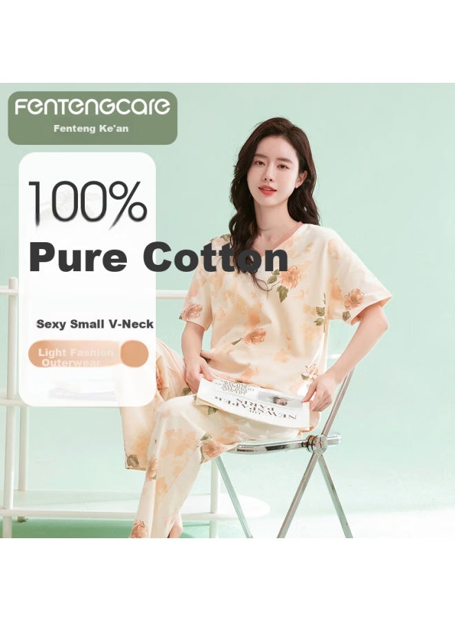 Fentengcare Women's Summer V-neck Printed Cotton Soft Pajama Set, Wearable Homewear, Gift For Girls - Image 1